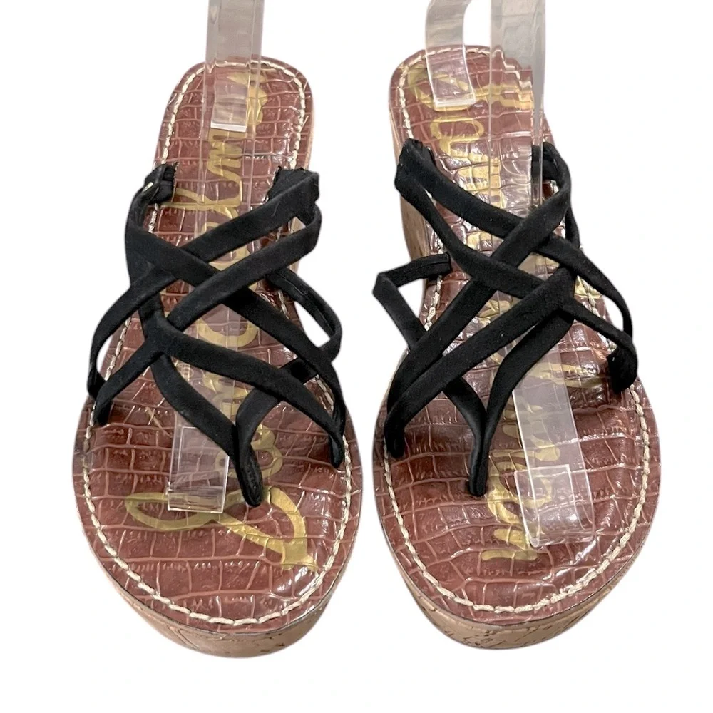 Sam Edelman Reana 3D Black Strappy Leather Cork Wedge Sandals Size 8.5